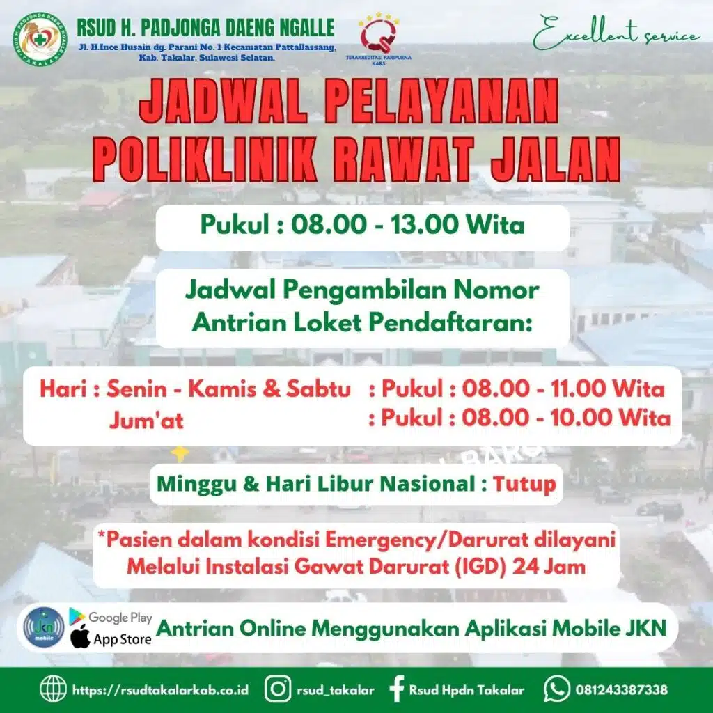 JADWAL PELAYANAN POLIKLINIK RAWAT JALAN 5 JAM BUKA PELAYANAN